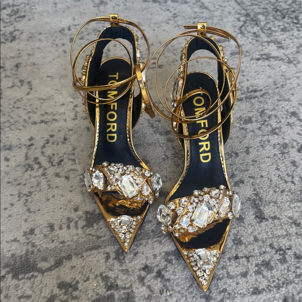 Tom Ford Metallic Gold Heels with Crystal Embellishments